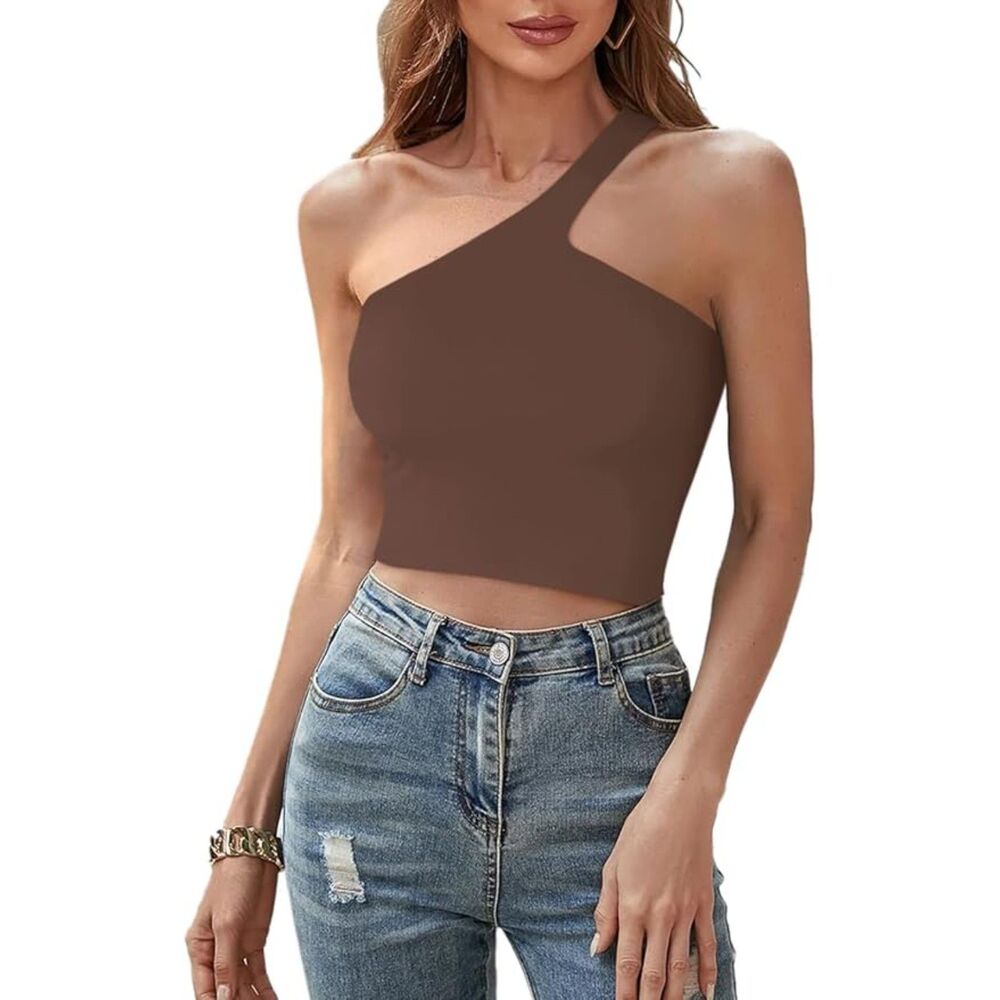 🟤 REORIA One-Shoulder Backless Brown Crop Top M – NWT